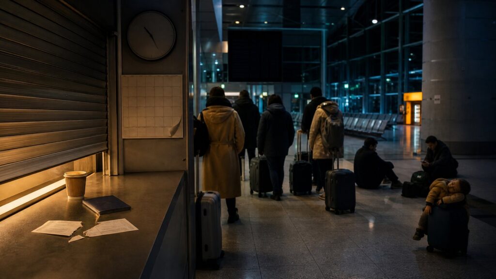 Illustration éditoriale générée par IA : comptoir d'embarquement fermé la nuit, file de voyageurs anonymes avec valises, carte d'embarquement déchirée sur le comptoir, calendrier mural et horloge.