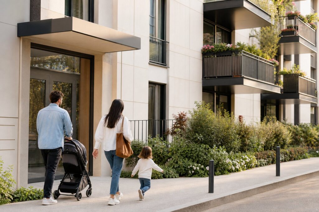 Immeuble d'habitation aux balcons fleuris, jeune famille avec poussette sur le trottoir.