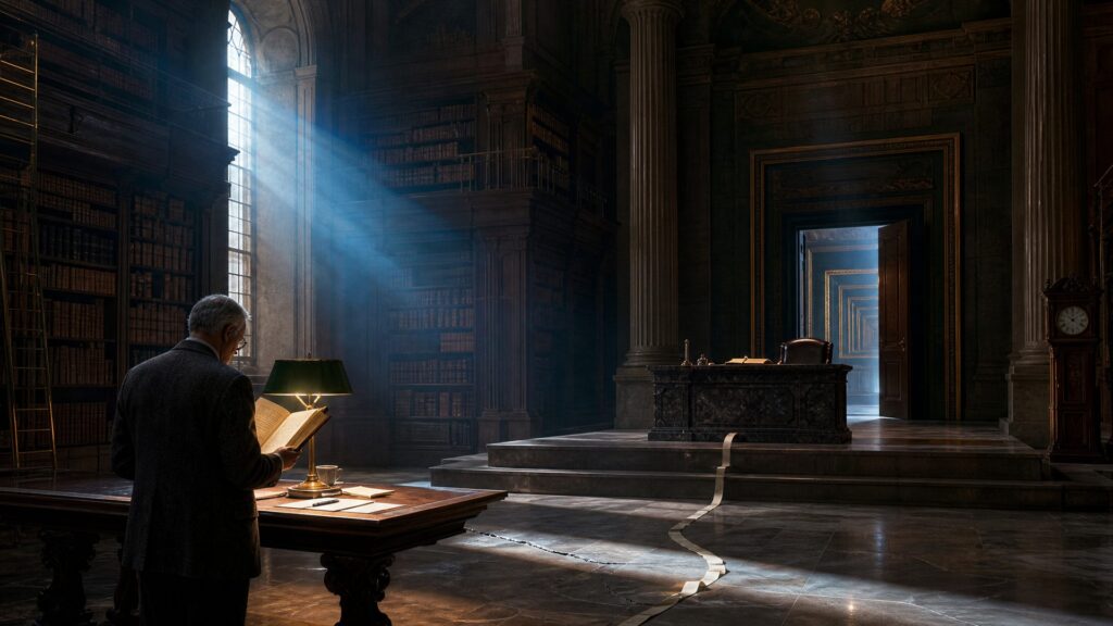 Image éditoriale générée par IA, non documentaire : dans une galerie monumentale de pierre transformée en bibliothèque, un homme de 65 ans aux cheveux gris, vu de trois quarts dos, lit un livre épais à une longue table de bois éclairée par une lampe à abat-jour vert ; au fond, un bureau officiel vide, une chaise reculée et une chemise scellée de cire rouge ; un rai de lumière bleu-gris traverse la salle jusqu'à un couloir de portes répétées à l'infini.