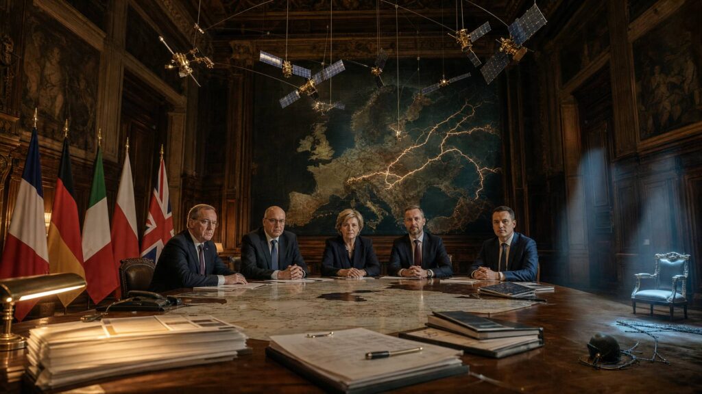 Cinq ministres de la Défense assis autour d'une table de bois couverte de rapports, cinq drapeaux européens à gauche dans une lumière chaude, chaise vide, casque militaire et câble sectionné sous une lumière froide à droite, carte de l'Europe et satellites suspendus au plafond