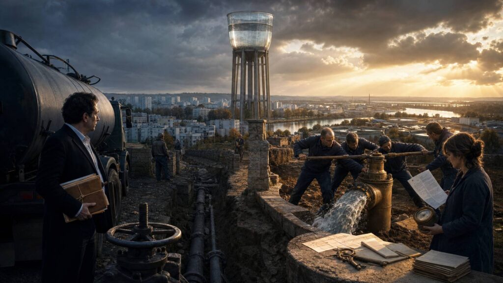 Château d’eau à cuve transparente dominant une ville au crépuscule ; à gauche un camion-citerne et un homme en costume tenant un contrat relié, à droite des agents en bleu de travail ouvrant une vanne de laiton, une habitante avec un compteur et des documents, des tuyaux dans une tranchée.