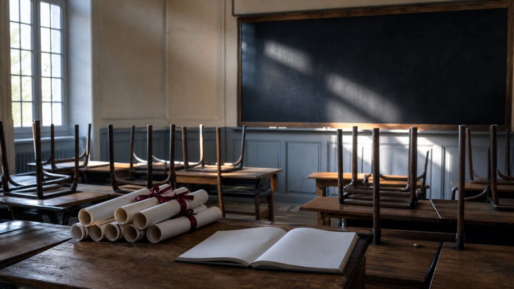 Salle de classe vide, chaises retournées sur les tables et pile de diplômes identiques