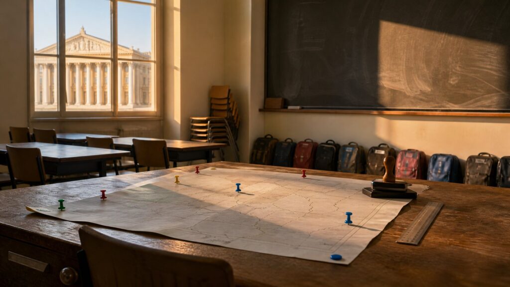 Illustration éditoriale générée par IA : salle de classe avec tables vides et chaises empilées, carte scolaire épinglée sur un bureau avec des punaises, cartables rangés, colonnade d'un palais national visible par la fenêtre.