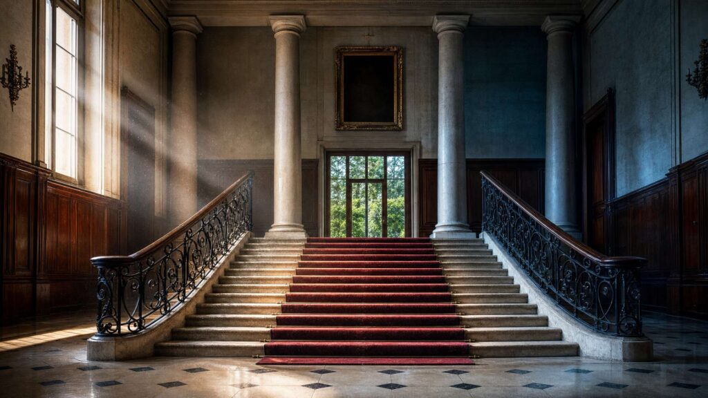 Illustration éditoriale générée par IA : escalier d'honneur désert aux marches usées, tapis bordeaux et rampe de fer forgé, montant vers un grand cadre doré vide au-dessus d'une porte vitrée ; ne constitue pas une photographie ni une déclaration de la personne représentée.