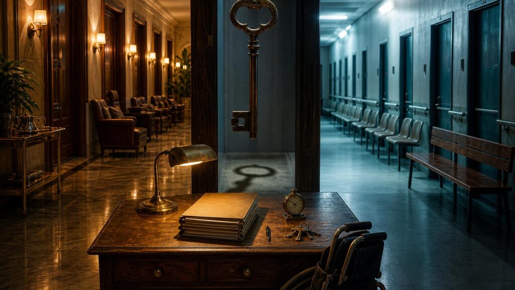 Couloir d'un établissement pour personnes âgées : à gauche un hall chaleureux avec fauteuils et boiseries ; au centre un comptoir d'accueil en bois avec registre, clés et lampe de laiton, une grande clé suspendue au-dessus ; à droite un couloir froid aux portes identiques et chaises en plastique.
