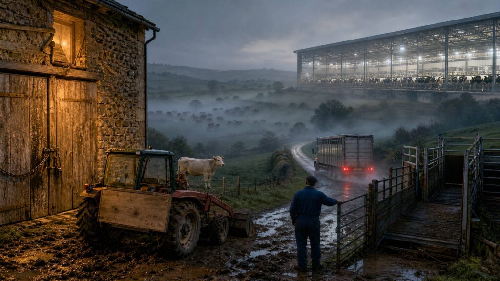 Une ferme en pierre aux portes de bois chaînées, un vieux tracteur dans une cour boueuse et une vache blanche derrière un fil, un éleveur vu de dos appuyé à la barrière d'un parc de contention vide, un camion bétaillère qui s'éloigne sur un chemin détrempé, et sur la hauteur une immense halle de traite vitrée où sont alignées des rangées de vaches, dans la brume.