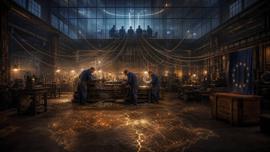 Halle d'atelier en clair-obscur : trois ouvriers en bleu de travail penchés sur un tour en fonte, copeaux et plans sur l'établi, lampes ambrées ; au sol une carte lumineuse de points dorés ; au-dessus, derrière une verrière froide, des silhouettes d'hommes en costume autour d'une table, des câbles tendus descendant vers les machines ; un drapeau européen et une caisse de bois à droite.