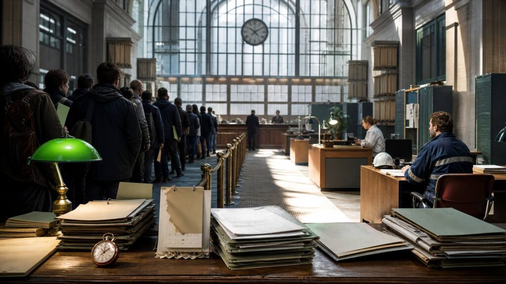 Hall d'une agence pour l'emploi : a gauche une file de demandeurs d'emploi de dos derriere des cordons, a droite deux employeurs a leurs bureaux dont un en veste de chantier avec un casque blanc, au premier plan un comptoir couvert de dossiers et une lampe de banquier verte