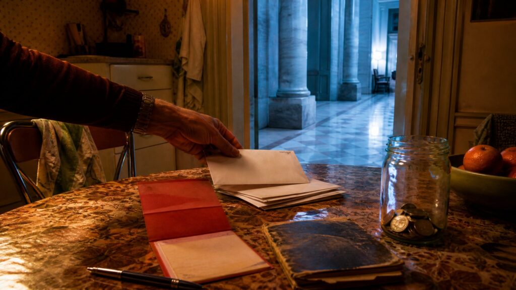 Table de cuisine modeste : livret d'epargne ouvert, carnet de comptes, bocal de pieces et enveloppes de banque ; dans l'embrasure de la porte, un couloir de ministere froid et eclaire de bleu.