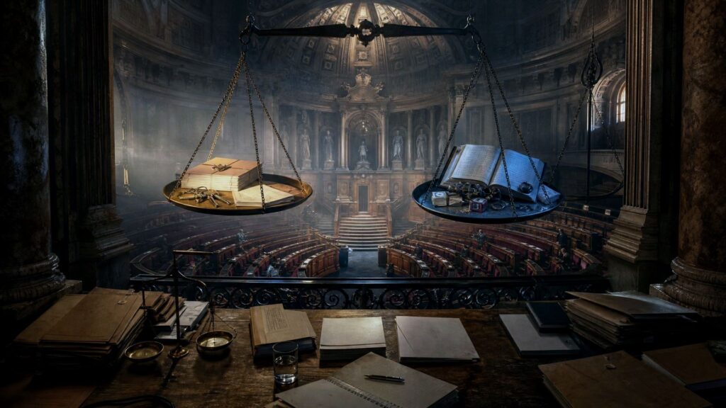 Hémicycle monumental vu depuis une tribune de bois : une balance géante suspendue au-dessus des travées porte d'un côté un bail et un trousseau de clés, de l'autre un registre de loyers ouvert ; au premier plan, des dossiers et une petite balance de laiton.