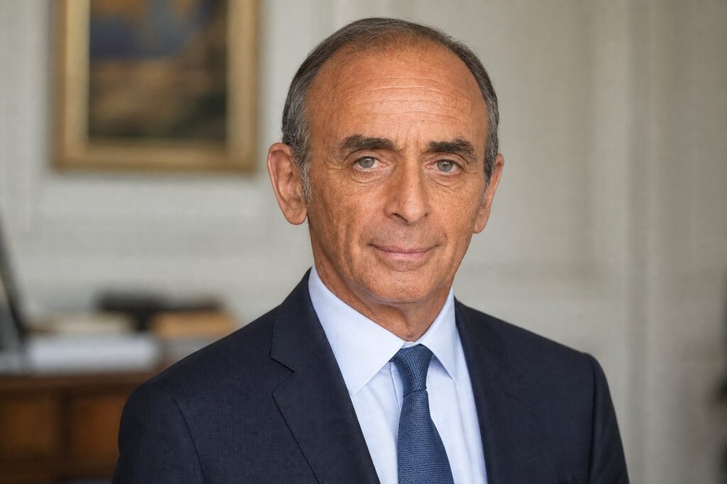 Illustration éditoriale générée par IA : portrait d'Éric Zemmour, cadrage tête et épaules, cheveux châtains foncés coupés court avec quelques mèches grises, chemise claire et veste sombre avec cravate, arrière-plan institutionnel flou. Illustration, non documentaire.