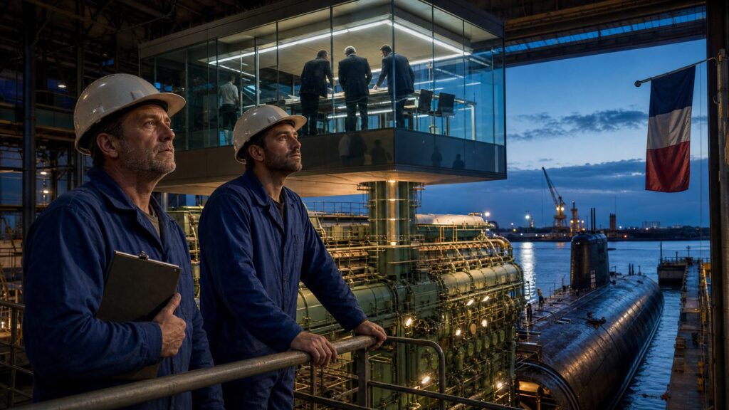 Image éditoriale générée par IA, non documentaire : un hall d'assemblage de moteurs marins à Saint-Nazaire, à l'heure bleue. Au premier plan, deux ouvriers en combinaison bleue et casque blanc, visages nets, l'un tenant une planchette, l'autre les mains posées sur une rambarde ; derrière eux, un moteur diesel marin monumental peint en vert industriel, avec volant d'inertie, tuyauteries et passerelles. Au-dessus du moteur, une mezzanine de verre éclairée d'une lumière blanche et froide abrite quatre hommes en costume sombre penchés sur une table couverte de dossiers et de plans, un jeu de clés au centre. À gauche, la grande porte ouverte montre l'estuaire, une coque de sous-marin amarrée, des grues et un ciel de crépuscule. À droite, un drapeau tricolore pend le long d'un mât. Palette bleu, vert industriel et accents chauds sur les visages et la machine.