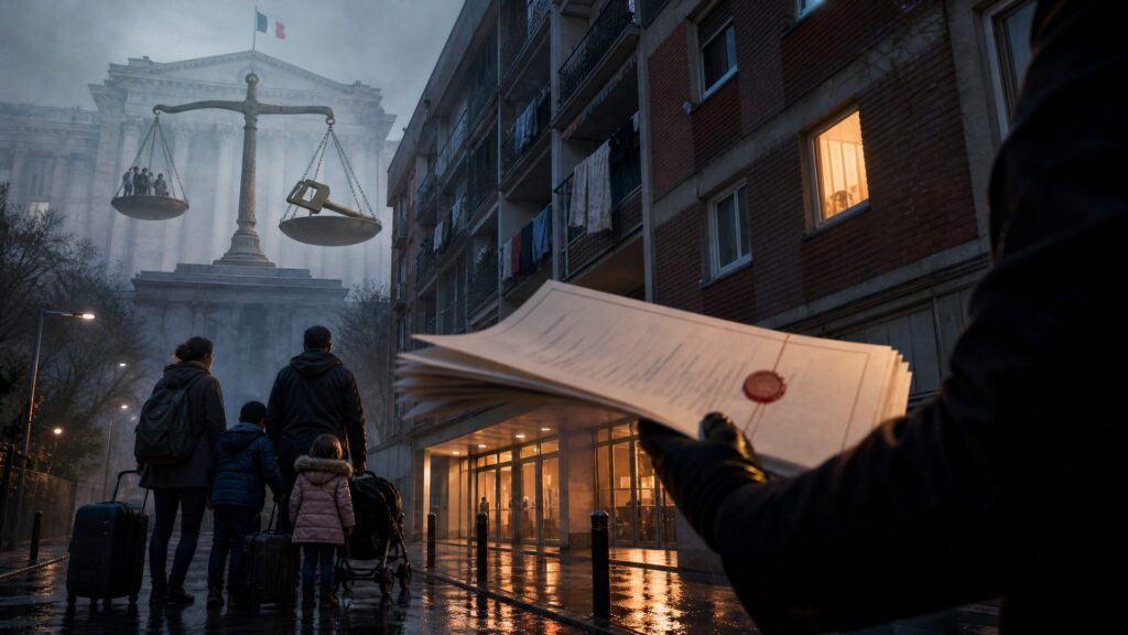 À l'aube, une famille vue de dos avec valises et poussette sur un trottoir mouillé, devant une barre de logements sociaux en brique ; au premier plan une main gantée tient un document scellé d'un cachet rouge ; à l'arrière-plan, une façade institutionnelle monumentale, un drapeau tricolore et une balance de pierre géante penchant du côté d'une clé.