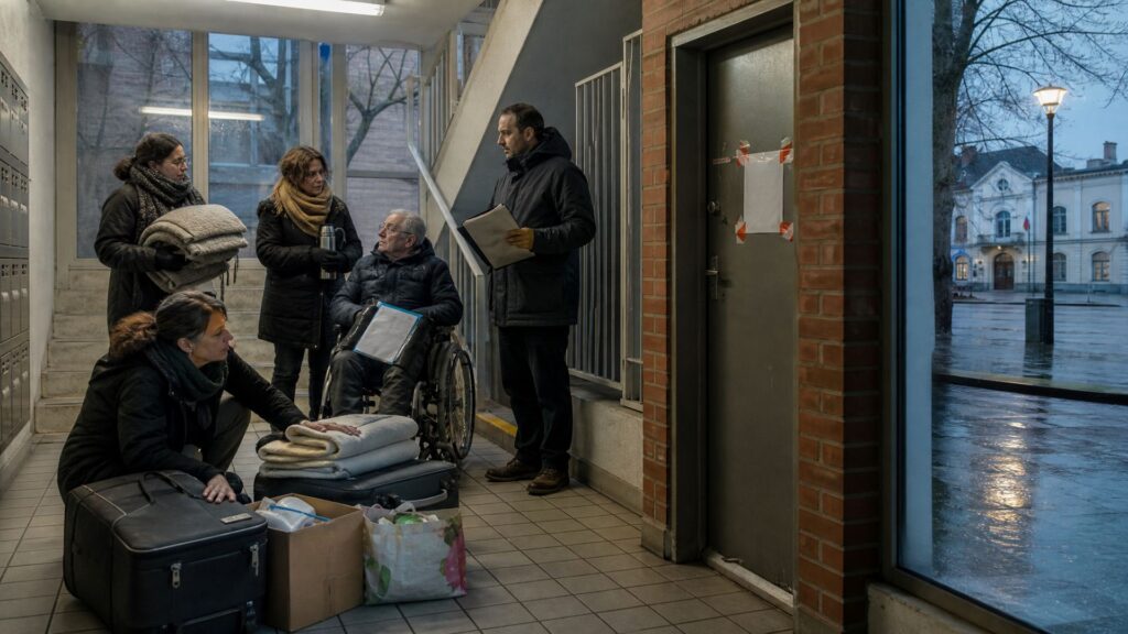 Palier d'un immeuble de logements sociaux : valises, carton de vaisselle et couvertures au sol, une femme accroupie près des bagages, un homme âgé en fauteuil roulant avec des documents sur les genoux, des voisines apportant une couverture et un thermos, porte close scellée d'un papier, une travailleuse sociale un dossier à la main, rue mouillée et lampadaire visibles par la baie vitrée.