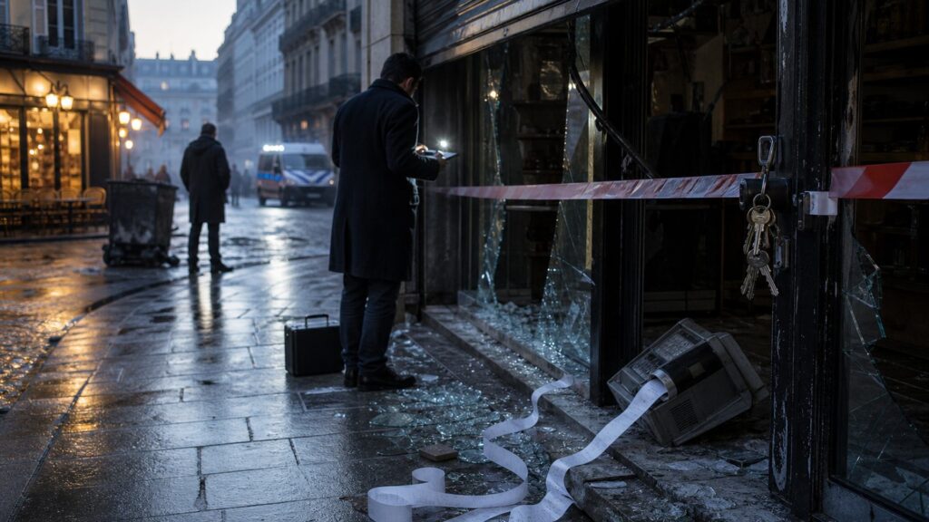 Illustration éditoriale générée par IA : vitrine brisée d'une boutique parisienne sous scellés, ruban de papier de caisse déroulé sur le trottoir et expert en assurance vu de dos au petit matin. Illustration, non documentaire.