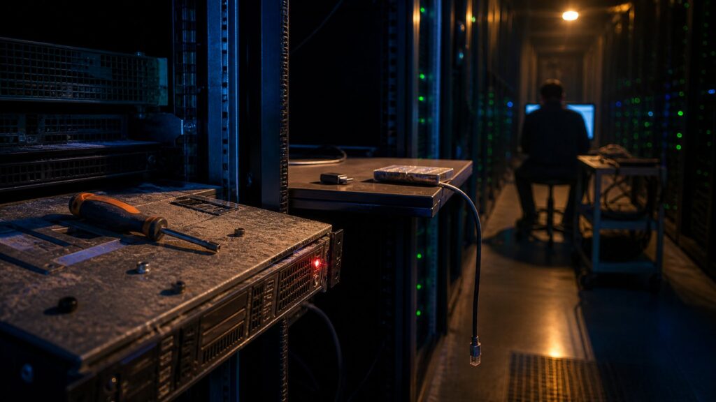 Illustration éditoriale générée par IA : couloir de salle serveurs, baie ouverte et diode rouge allumée, serveur poussiéreux non corrigé, clé USB de correctif posée sur une étagère, technicien anonyme de dos devant un écran.