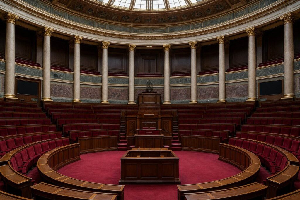 Hémicycle parlementaire avec rangées de sièges en gradins et pupitre central sous une verrière.
