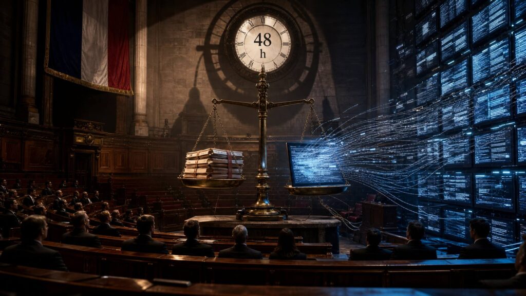 Hémicycle de nuit : au centre, une balance de bronze dont un plateau porte des dossiers et l'autre un écran lumineux ; à droite, un mur d'écrans reliés par des flux bleus ; au fond, une horloge marquée 48 heures ; silhouettes anonymes de dos dans la pénombre des boiseries.