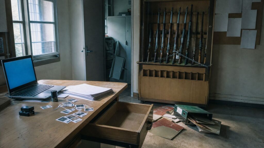 Bureau en bois d'un club de tir, tiroir ouvert et vidé, ordinateur portable à l'écran bleuté sans contenu lisible, planches de petites photos d'identité éparpillées, classeur renversé au sol ; râtelier de carabines cadenassé au second plan et porte de local technique entrebâillée sur une armoire forcée. Aucune personne. Illustration éditoriale générée par IA, non documentaire.