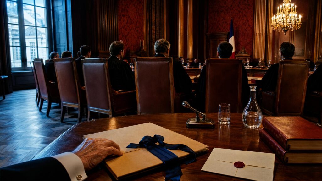 Salle de séance du Conseil constitutionnel : neuf fauteuils de cuir derrière une grande table de bois, un dossier scellé d'un ruban bleu et une lettre cachetée de cire rouge au premier plan, drapeau français au fond, personnes vues de dos