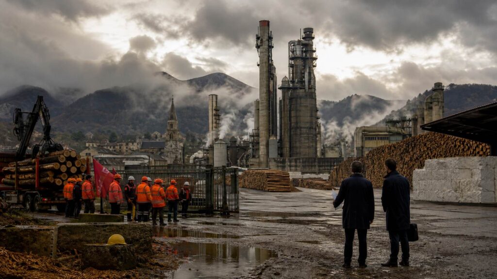 Vue d’un site industriel de pâte à papier au pied des montagnes : cour détrempée, camion grumier devant un portail, tas de grumes et balles de pâte blanche sous un auvent, tours et cheminées avec vapeur ; à gauche des salariés en combinaisons orange près d’un drapeau, à droite deux hommes en manteau sombre tenant des documents, séparés par la cour vide.