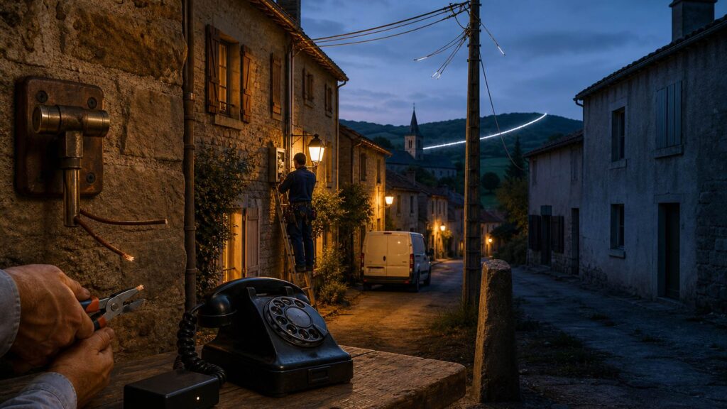 Rue d’un village français au crépuscule : un homme en tenue de travail, sur une échelle, ouvre un boîtier de raccordement fixé à une maison de pierre ; un câble de cuivre sectionné et un téléphone à cadran posé sur une table de bois au premier plan ; poteau, fils tendus, toits d’ardoise et clocher au loin. Aucun texte incrusté.