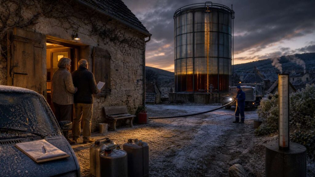 Cuve de fioul presque vide dans une cour rurale au crépuscule, camion de livraison et occupants sur le seuil d'une maison ancienne éclairée, sous un ciel froid.