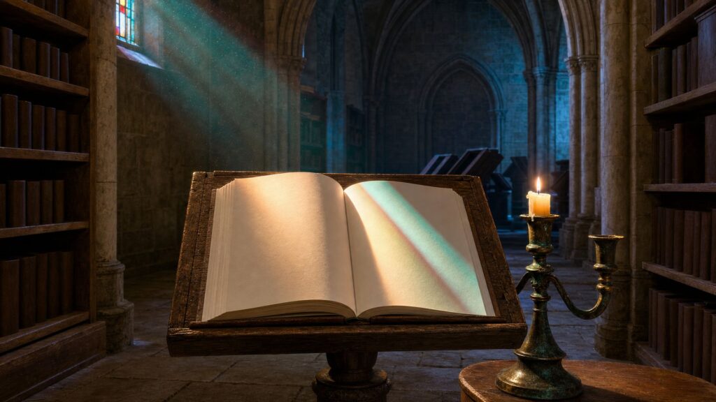 Illustration éditoriale générée par IA : bibliothèque de monastère avec livre ouvert aux pages blanches sur un pupitre de chêne, chandelier de bronze à une flamme et rai de lumière colorée tombant d'un vitrail ; ne constitue pas une photographie ni une déclaration de la personne représentée.