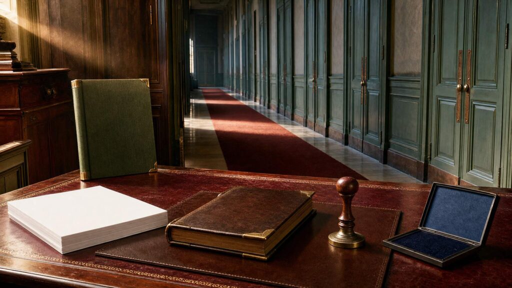 Illustration éditoriale générée par IA : bureau d'administration ancienne avec parapheur fermé, registre relié et tampon de bureau, enfilade de portes vertes fermées et couloir désert ; ne constitue pas une photographie ni une déclaration de la personne représentée.