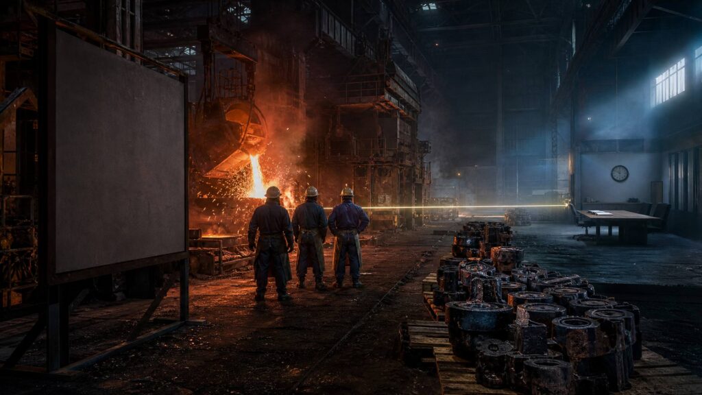 Hall d’une fonderie industrielle : coulée de fonte incandescente dans des moules de sable, pièces brutes sur palettes, trois ouvriers de dos en tenue de protection ; à droite, dans une lumière froide, une table de réunion vide avec une horloge murale et une chemise aux feuillets vierges.