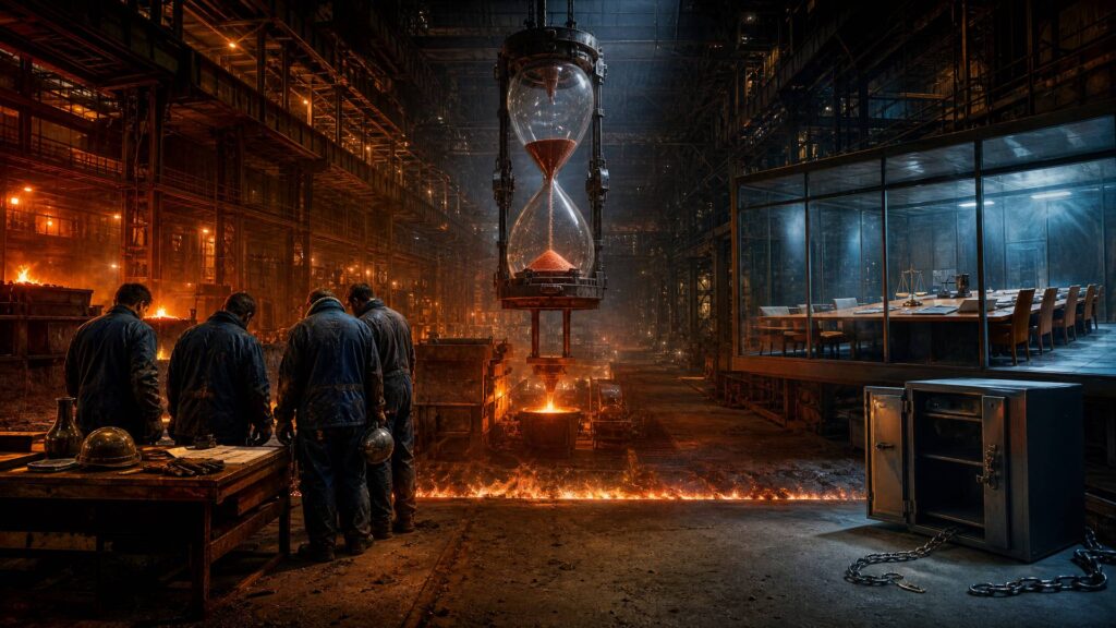 Image éditoriale générée par IA, non documentaire : halle de fonderie monumentale, à gauche quatre ouvriers vus de dos en bleu de travail autour d'un établi chargé de moules et casques, lueur orange du métal en fusion, à droite une salle de réunion vitrée, froide, avec une longue table vide, une balance et une armoire forte ouverte et vide, au centre un sablier géant au-dessus d'une rigole de fonte incandescente qui sépare les deux mondes.
