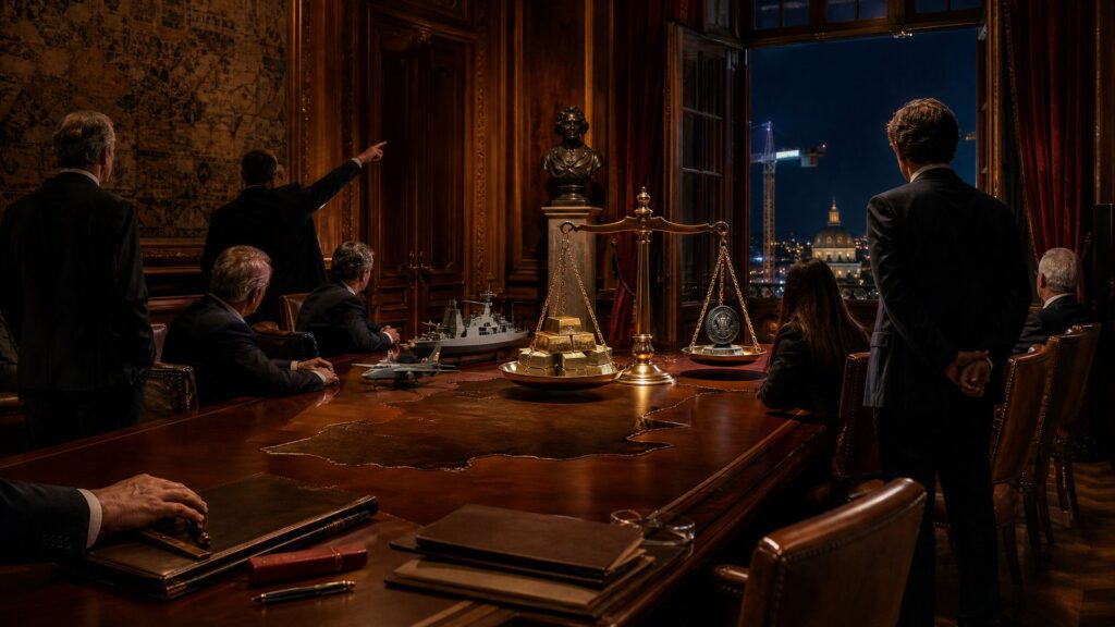 Salle de conseil lambrissée, la nuit : autour d'une grande table de bois incrustée d'une carte, des hommes et des femmes en costume sombre vus de dos ; au centre, une balance de laiton chargée de lingots fait face à un sceau ; maquettes de navire de guerre et d'avion de chasse, dossiers de cuir, stylo, buste de bronze ; baie vitrée ouverte sur une ville illuminée. Image éditoriale générée, non documentaire.