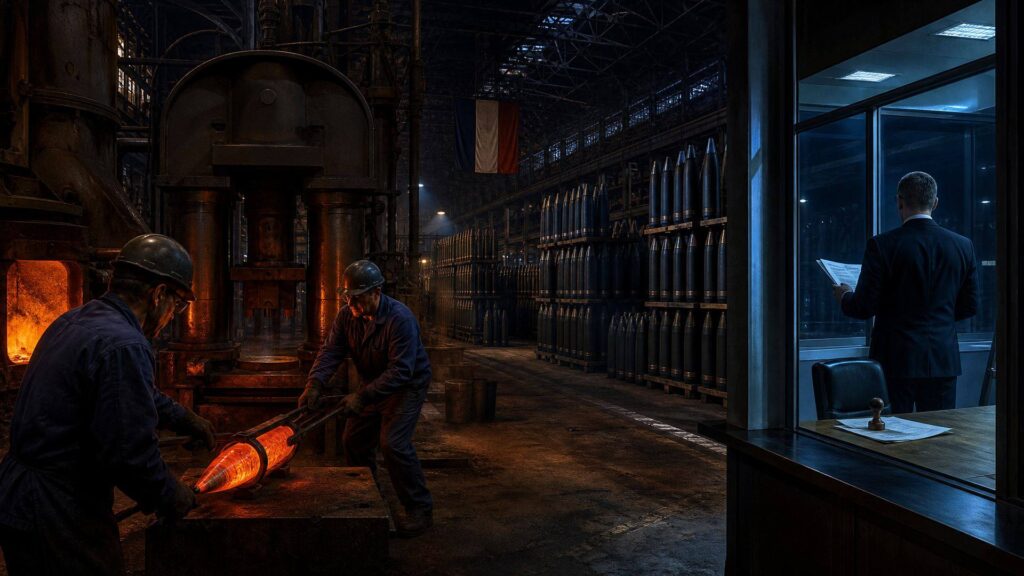 Image éditoriale générée par IA, non documentaire : deux ouvriers en bleu de travail et lunettes de protection manipulent avec des pinces un corps d'obus de 155 mm incandescent dans une halle de forge ; à droite, derrière une paroi vitrée éclairée froidement, un homme en costume vu de dos tient un dossier ; des rangées de corps d'obus et un drapeau français en arrière-plan.