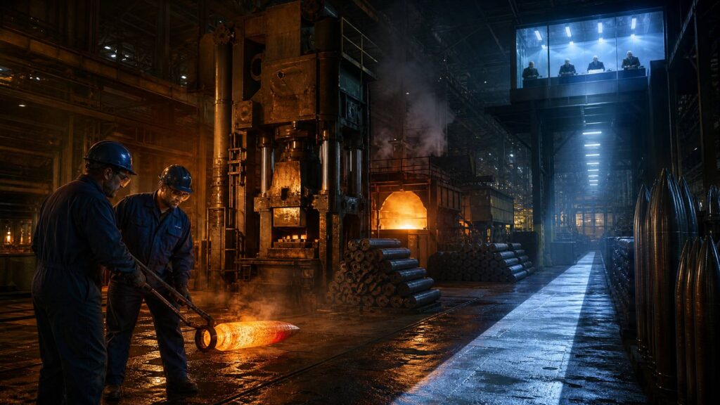 Halle de forge monumentale de nuit : deux ouvriers en bleu de travail manipulent avec des pinces un corps d'obus de 155 mm porté au rouge, devant une presse hydraulique et un four ouvert ; au-dessus, dans une salle vitrée suspendue, quatre hommes en costume se penchent sur des dossiers ; des centaines de corps d'obus alignés en colonnade au fond