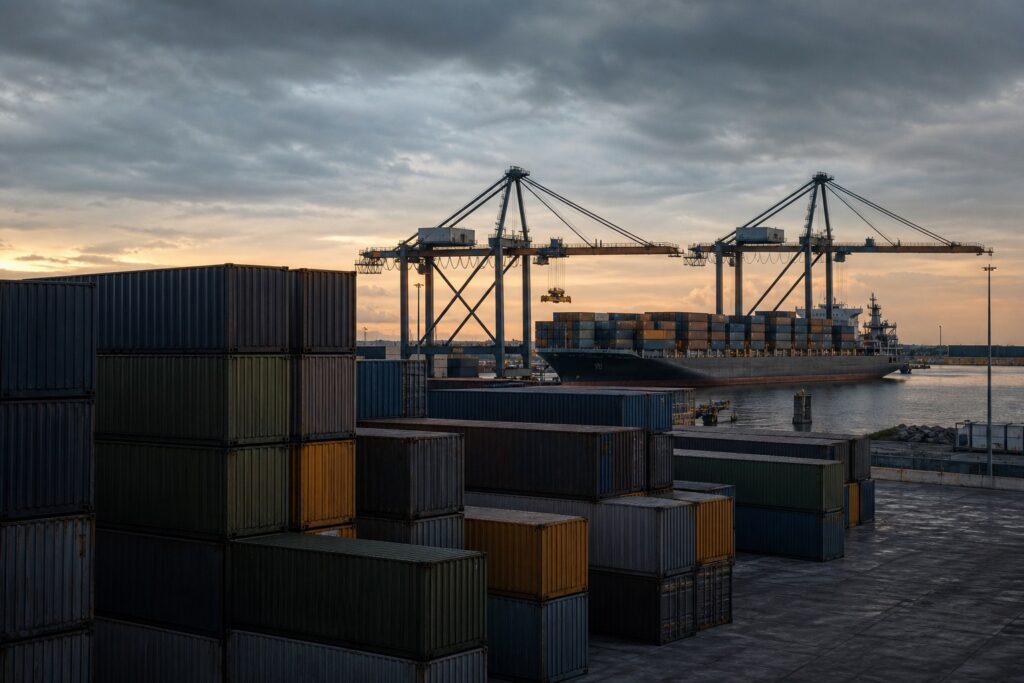 Conteneurs empilés, porte-conteneurs et grues de chargement au coucher du soleil