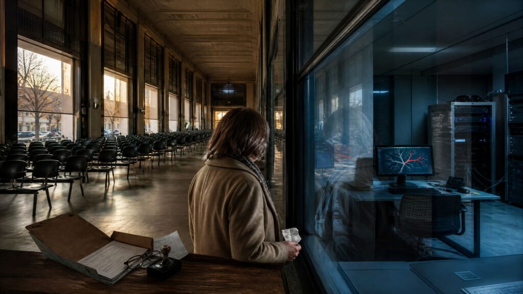 Hall d'une agence pour l'emploi aux rangées de chaises vides : une femme de dos tient un papier devant une paroi vitrée ; derrière la vitre, un écran affiche un arbre de branches rouges dans une salle informatique froide.