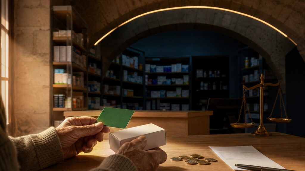Dans une pharmacie, des mains tiennent une carte Vitale verte et une boîte de médicaments au-dessus d'un comptoir où sont posés une balance de laiton, des pièces de monnaie et une ordonnance.