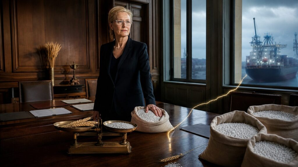 Ministère de l'Agriculture, rue de Varenne : Annie Genevard debout derrière une table de conférence, la main posée sur un sac d'engrais ouvert ; balance de bronze entre épis de blé et granulés blancs, chaises vides des partenaires, port maritime dans une lumière froide à la fenêtre.