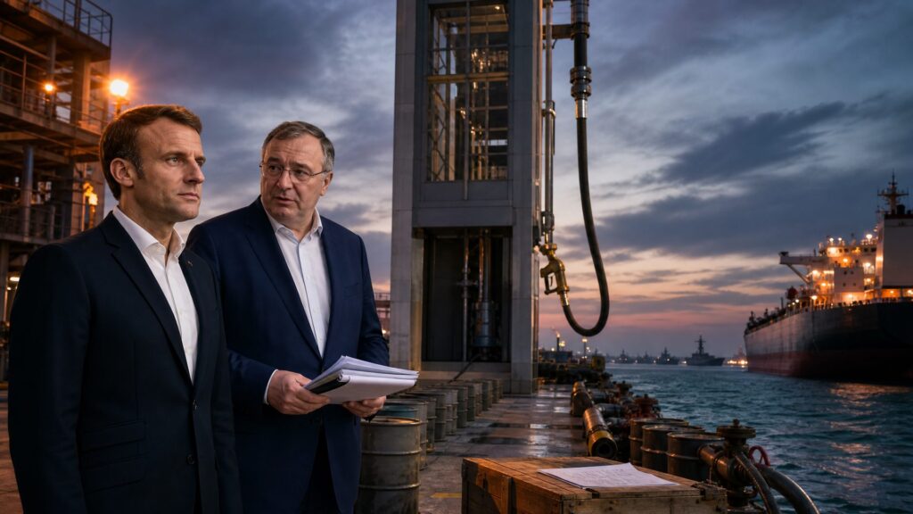 Au crépuscule, sur un quai de terminal pétrolier du Golfe, deux hommes en costume debout devant une pompe à carburant monumentale en acier et verre ; autour d’eux des fûts métalliques alignés et des tuyaux ; à l’arrière-plan un pétrolier éclairé accosté et, plus loin, un détroit barré par une ligne de navires à l’arrêt.