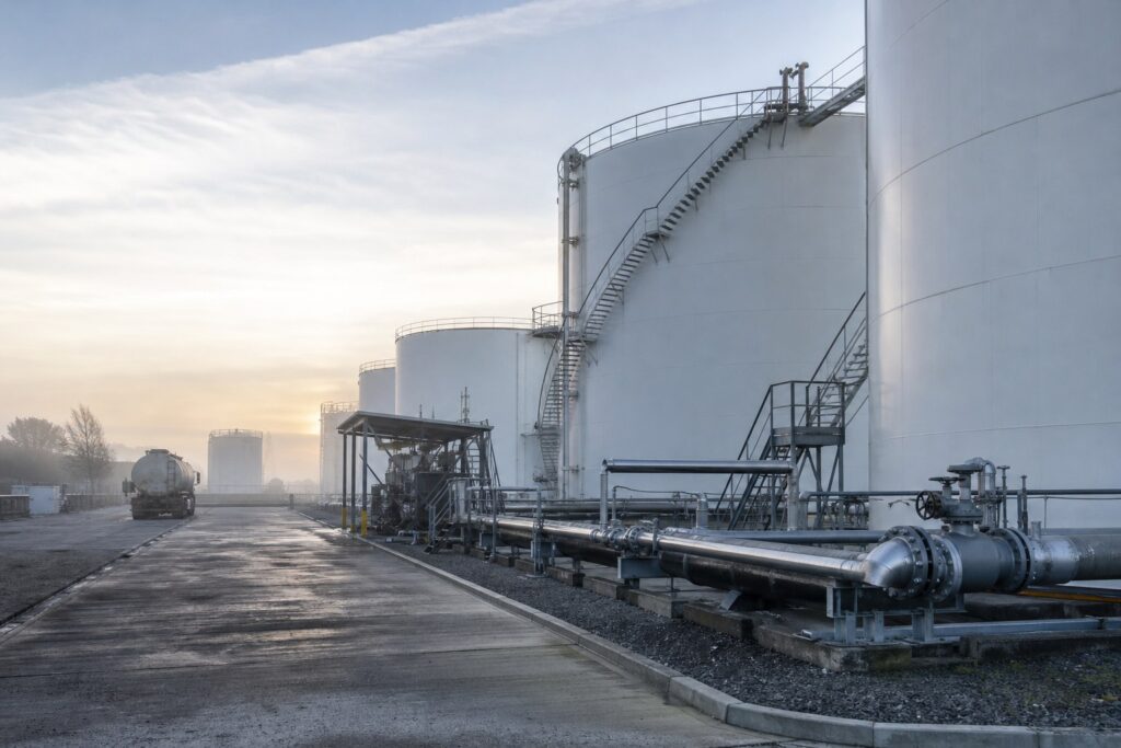 Réservoirs de stockage cylindriques, tuyaux métalliques et camion-citerne sur site industriel