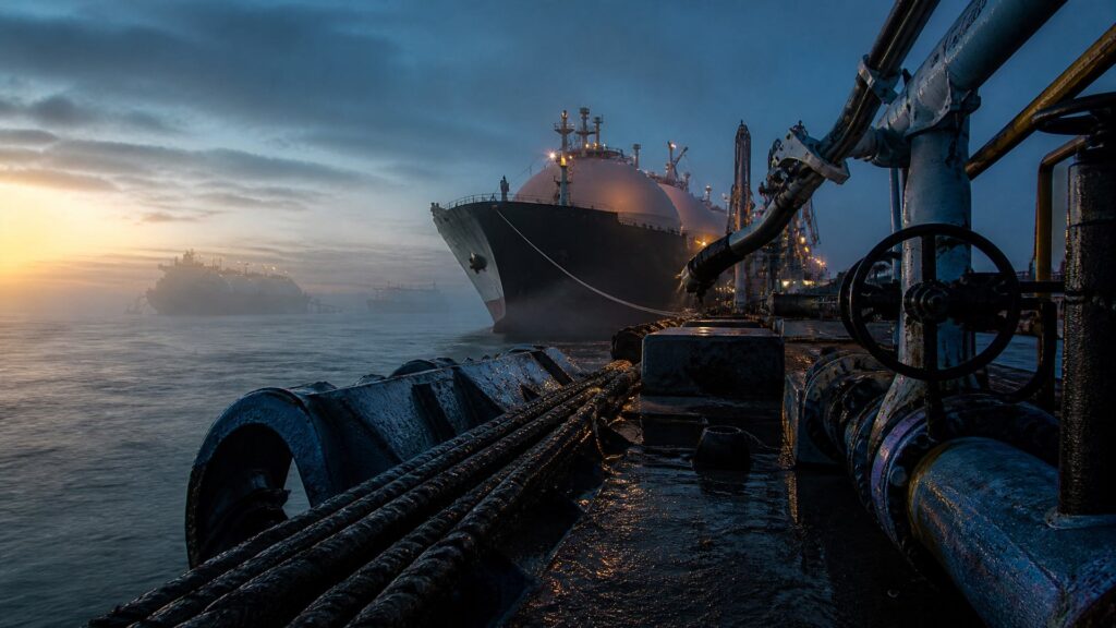 Méthanier à quai et bras de chargement d'un terminal pétrolier à l'aube