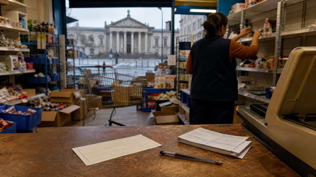 Illustration éditoriale générée par IA : comptoir de magasin discount avec bon d'achat et bulletin de paie posés dessus, rayon à moitié vide derrière, employée anonyme de dos, palais de justice visible par la vitrine.