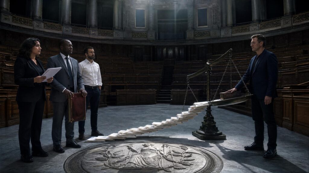 Quatre personnes dans un hémicycle monumental : trois à gauche, dont une femme tenant des feuillets et un homme portant un code relié de cuir, et un homme seul à droite près d'une balance de justice déséquilibrée dont un plateau déverse des documents.