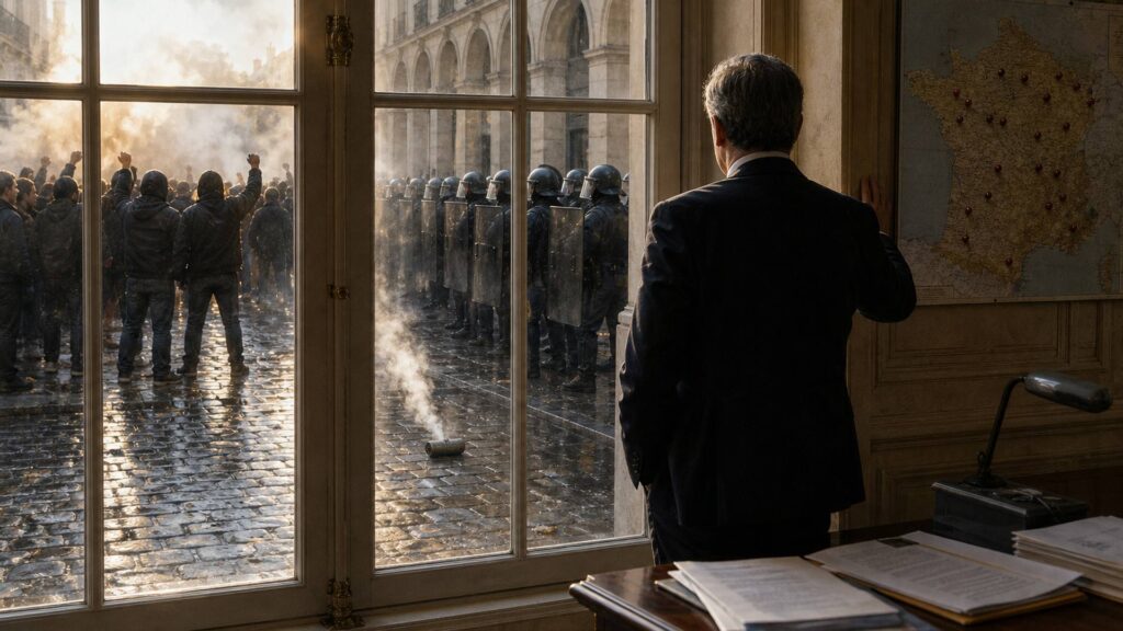 Homme de dos devant la fenêtre d'un cabinet ministériel, carte de France au mur, rue avec manifestants et policiers séparés par une grenade fumante au sol.
