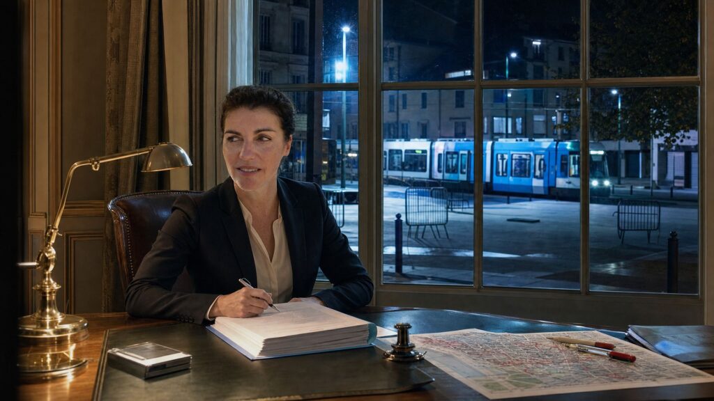 Catherine Séguin, préfète de l'Isère, assise à un bureau de bois signe un document sous une lampe de laiton ; derrière la fenêtre, une place déserte, un tramway à l'arrêt et des barrières métalliques.