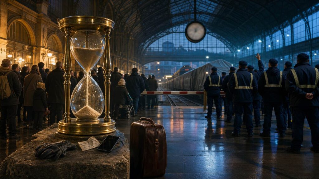Halle monumentale d'une grande gare à l'aube : au premier plan un sablier de laiton haut comme un homme laisse couler son sable près d'un gant de travail, d'un billet froissé et d'une valise de cuir ; une barrière abaissée sépare une foule de voyageurs de dos, dans une lumière ambre, d'un groupe de cheminots en tenue bleu nuit dont l'un lève la main ; au fond, une rame bâchée, des voies vides, une horloge sans chiffres lisibles et la verrière de fer qui se perd dans l'ombre.