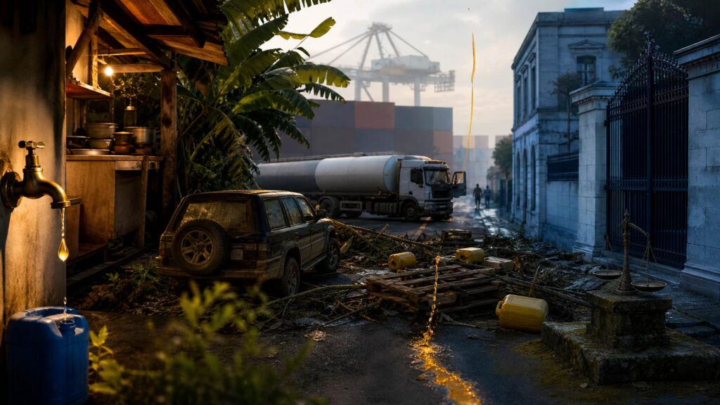 Route tropicale barrée par des palettes et des branches, un camion-citerne arrêté et des jerricans jaunes au sol, un compteur d'eau qui goutte dans un bidon bleu, containers portuaires et bâtiment officiel en pierre à l'arrière-plan.