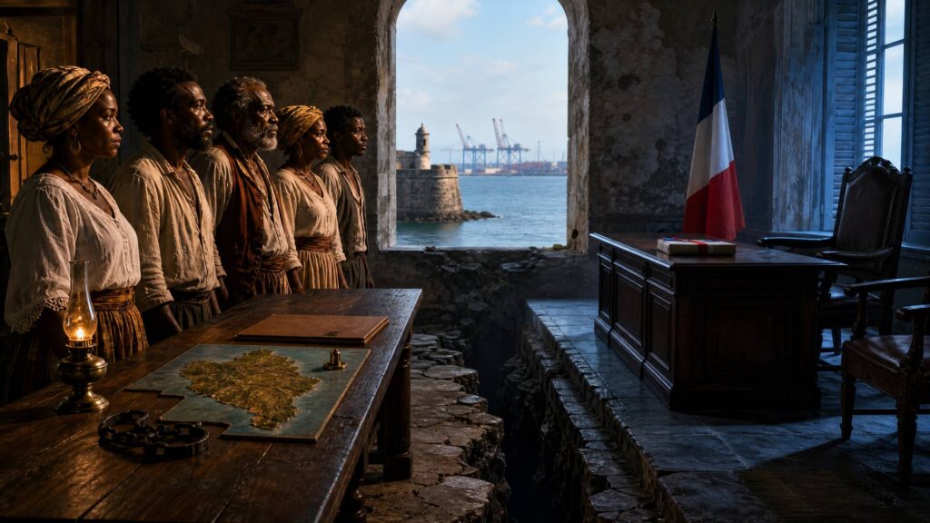 Image éditoriale générée par IA, non documentaire : dans une salle de pierre ouverte sur la mer, cinq personnes guadeloupéennes debout derrière une table portant une carte en relief de l'île, un sceau et une menotte de fer, font face à un bureau officiel vide, une chaise haute et un drapeau français, séparés par une fissure du sol.