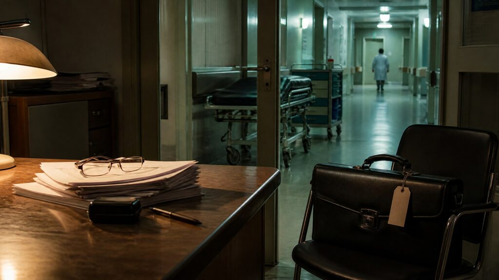 Illustration éditoriale générée par IA : bureau d'hôpital avec factures de consultants aux pages vierges et tampon d'agence, couloir de soins usé derrière une porte vitrée, mallette de consultant posée sur une chaise.