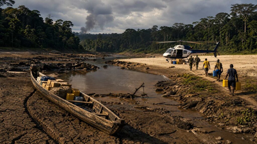 Fleuve amazonien à l'étiage : au premier plan à gauche, une pirogue en bois échouée sur une berge de vase craquelée, chargée de cartons de vivres et de bidons d'eau ; au centre, un chenal d'eau brune ; à droite, un hélicoptère blanc posé sur un banc de sable, portes ouvertes, entouré de deux militaires et de trois habitants portant des bidons, tous de dos ou de profil ; à l'arrière-plan, forêt dense, ciel couvert et panache de fumée lointain.